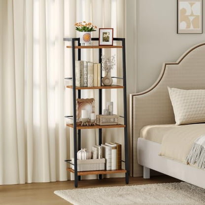 Rustic Brown 4-Tier Ladder Shelf Bookcase with Adjustable Feet