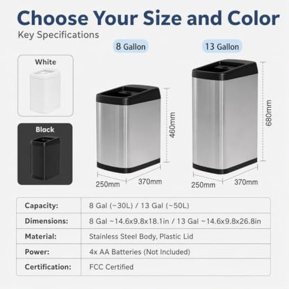 ELLO&ALLO 13 Gallon Touchless Motion Sensor Trash Can - Brushed Stainless Steel, Large, Rolling Lid