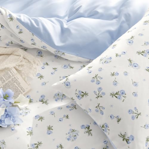 Queen Floral Duvet Cover Set - Blue 3-Piece Bed Bedding