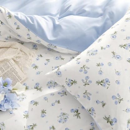 Queen Floral Duvet Cover Set - Blue 3-Piece Bed Bedding