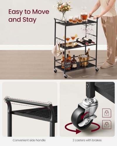 VASAGLE Black Matte Bar Cart with Wheels, Wine Rack & Glass Holder - 12.6"W