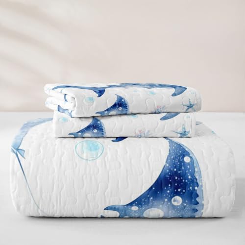 Feelyou Whale Ocean Quilt Set Full Size Light Blue & White Marine Bedding Kids Boys Girls