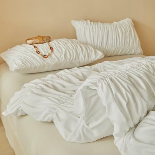 Queen 3D Striped White Duvet Cover Set Pleated Bed Decor - Modern Home Style