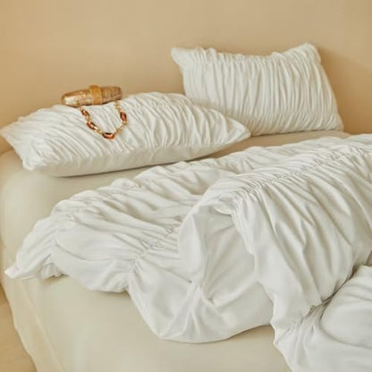 Queen 3D Striped White Duvet Cover Set Pleated Bed Decor - Modern Home Style