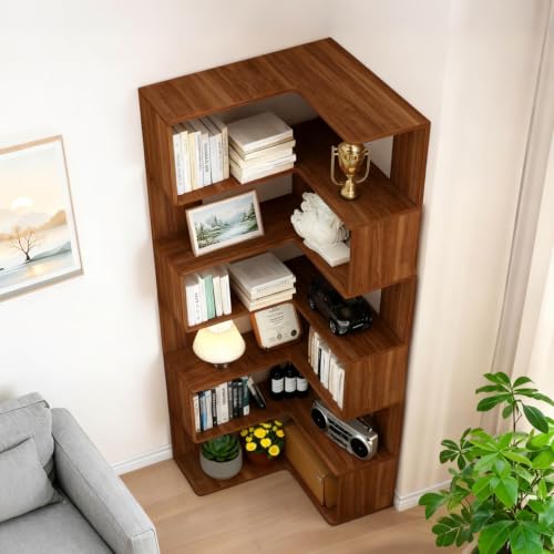 Walnut 6-Tier Corner Bookshelf Tall L-Shaped Bookcase for Home Office and Living Room