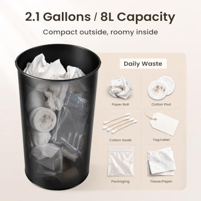 Cesun Round Metal Bathroom Trash Can - 2.1 Gallons Wastebasket, Black, Variation 1