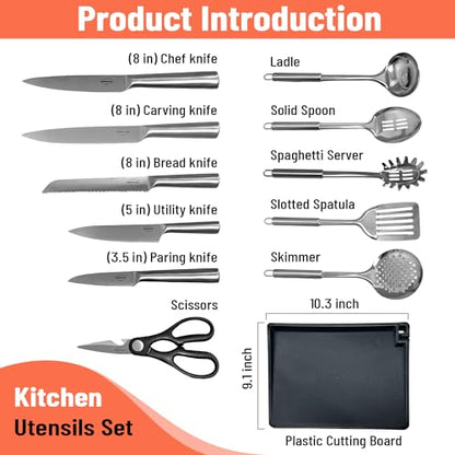 MENZELIANO 13 pcs kitchen knife set with block and cooking stainless steel utensils set with holder