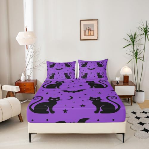 Halloween Black Cat Moon Fitted Sheet Queen Size with 2 Pillowcases - Spooky Bedding Set