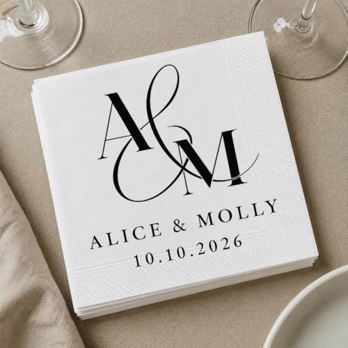 Personalized Wedding Cocktail Napkins Design 8 - Custom Couple Name & Date, Pack 50-500