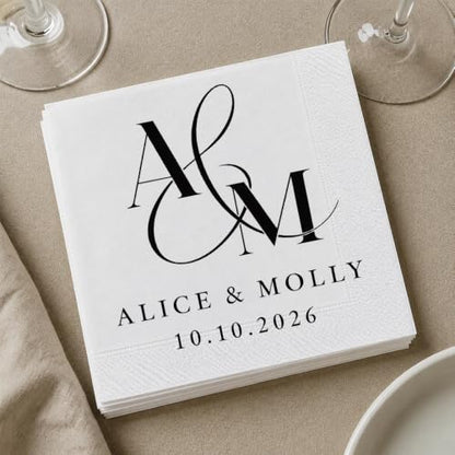 Personalized Wedding Cocktail Napkins Design 8 - Custom Couple Name & Date, Pack 50-500
