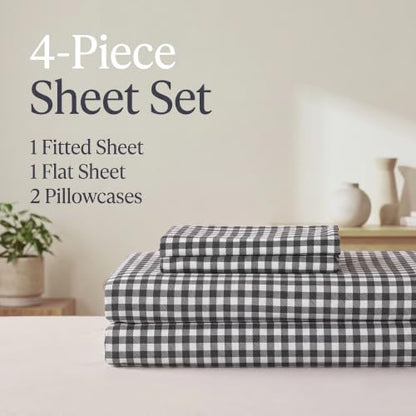 Plaid Full Bed Sheet Set with Deep Pockets - Black and White Gingham