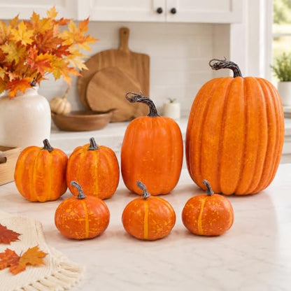 7-Piece Artificial Pumpkins Set for Fall Harvest Decor - Rustic Autumn Decorations