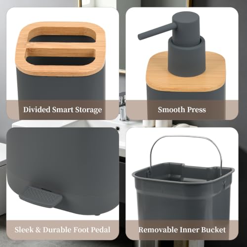 Matte Gray Bathroom Accessories Set - 6 Pieces with Trash Can, Soap Dispenser & More - Variation of Gray3 / 6PC Bath Set