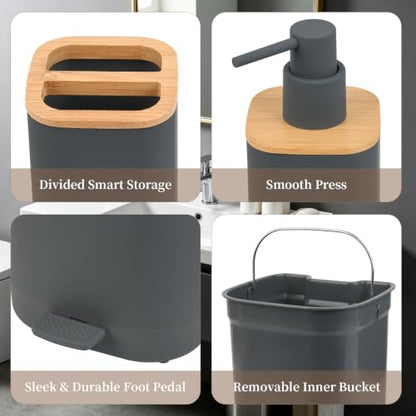 Matte Gray Bathroom Accessories Set - 6 Pieces with Trash Can, Soap Dispenser & More - Variation of Gray3 / 6PC Bath Set