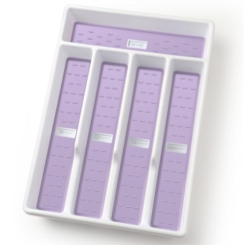 Silverware Organizer with Cutlery Icons，Silverware Tray for Kitchen Drawer，Plastic Flatware Tableware Silverware Drawer Organizer Utensil Organizer with Non-slip TPR Linings，5-Compartment,Purple