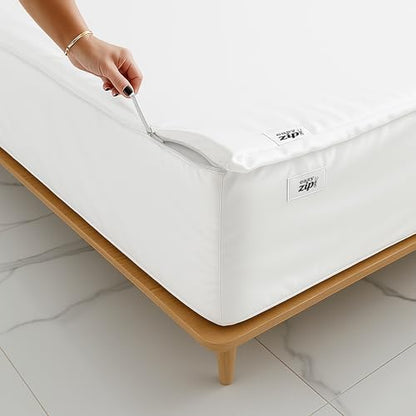 King Size Zipper Fitted Sheet Set - 500TC Cotton Satin, Deep 16 Inch Pocket, Snow White