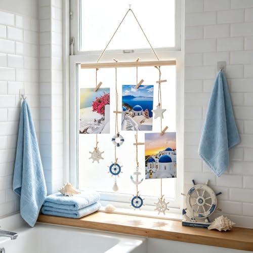 Nautical Photo Display Wall Hanging with Clips - Coastal Decor, Blue Seashell L