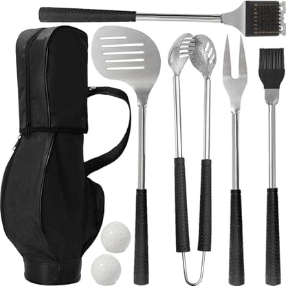 Black Golf BBQ Grill Accessories Set - 8-Piece Outdoor Cooking Gift for Men & Golfers