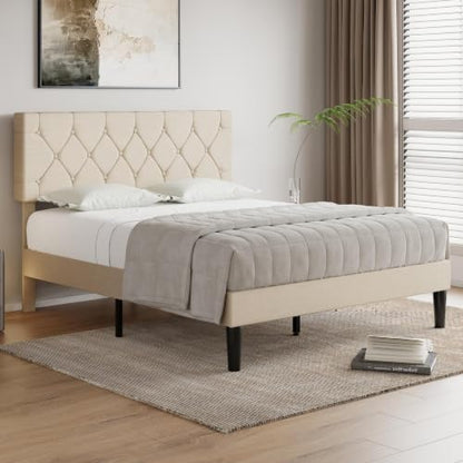 Upholstered Queen Bed Frame with Adjustable Headboard and Storage