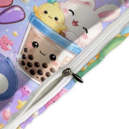 Cute Boba Tea Animals Kawaii Pattern Queen Duvet Cover Set 90x90 with Pillowcases