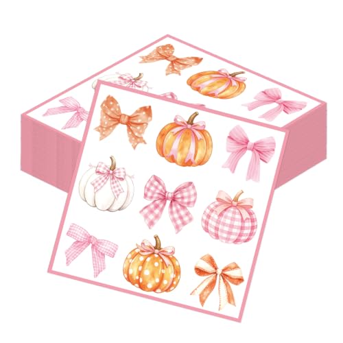 Fall Pumpkin Napkins Set - 50 Pink Watercolor Bows & Pumpkins