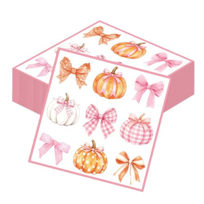 Fall Pumpkin Napkins Set - 50 Pink Watercolor Bows & Pumpkins