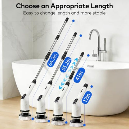 White Cordless Electric Spin Scrubber with 7 Brush Heads - Adjustable & Waterproof