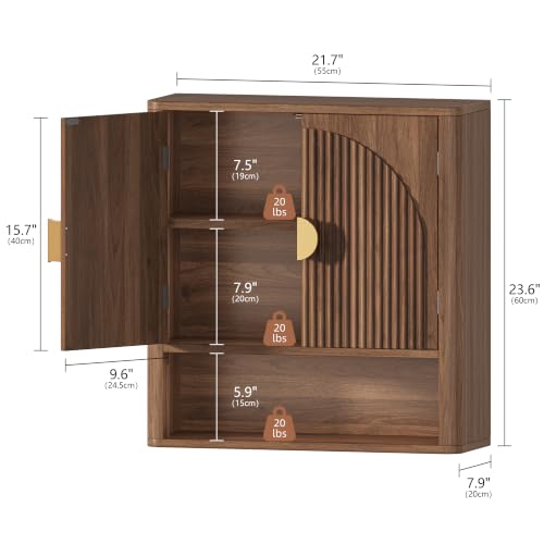 Wall Mount Bathroom Cabinet with Adjustable Shelves - Walnut Finish