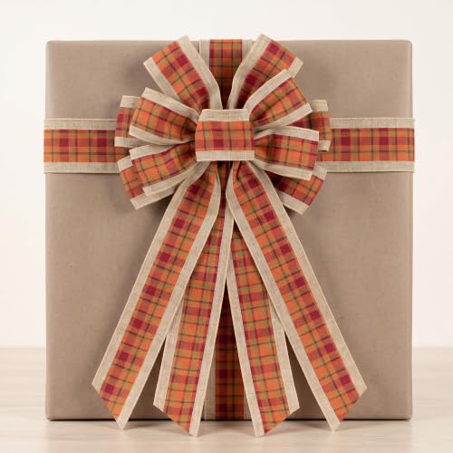 Large Fall Plaid Burlap Wreath Bow - Orange Autumn Door Decor