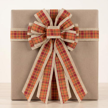 Large Fall Plaid Burlap Wreath Bow - Orange Autumn Door Decor
