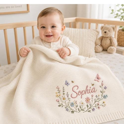 Baby Blanket Custom Embroidered Floral Knitted Nursery Throw - Style 1
