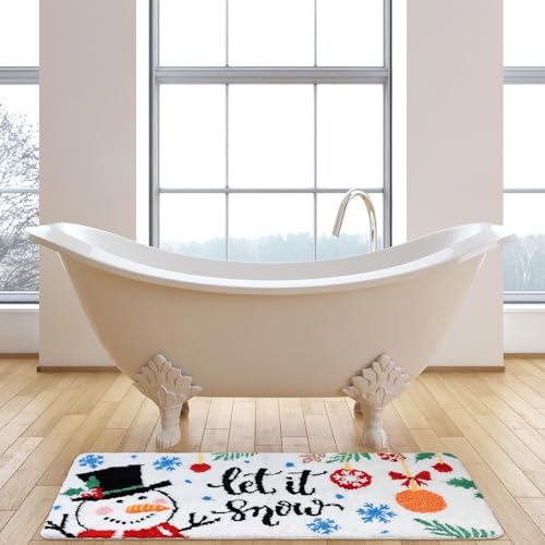 Christmas Snowman Bathroom Rugs Set - 20x47 & 16x24 Inches, Festive Tufted Decor