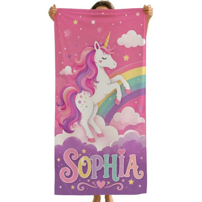 Personalized Unicorn Beach Towel for Girls - Custom Name Kids Pool & Sand Towel