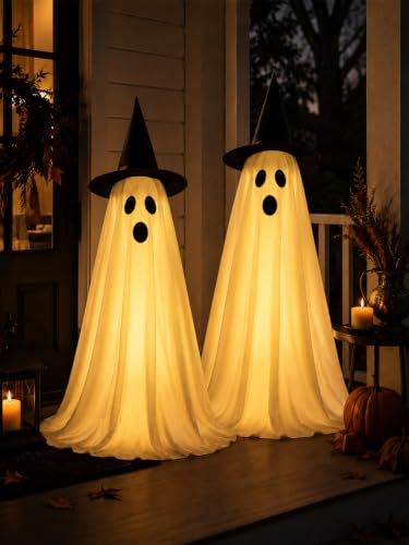 Outdoor Ghost Halloween Decorations Set with LED Lights and Adjustable Height