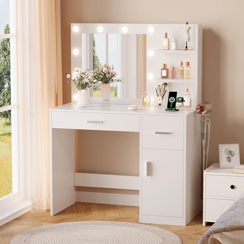 YesHom y 35.4" Vanity Desk with Mirror & Lights, USB-C/USB-A Ports, 2 Drawers & 1 Cabinet, Clean White