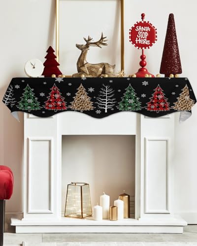 Christmas Tree Fireplace Mantel Scarf Cover - 70" x 17" Holiday Decor, Rustic Snowflake & Buffalo Plaid