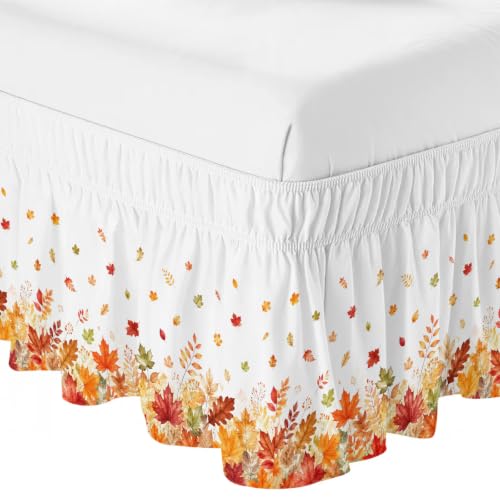 Fall Maple Leaves Bed Skirt Queen Size 16 Inch Drop Wrap Around Autumn Bedding - White, Terracotta, Pumpkin, Burnt Orange
