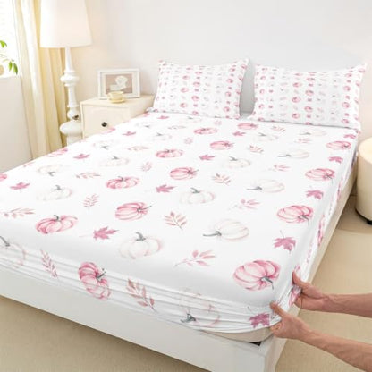Autumn Pumpkin Kids Fitted Sheet Set with Pillowcases - Pink, Full Size W54 x L75 inches