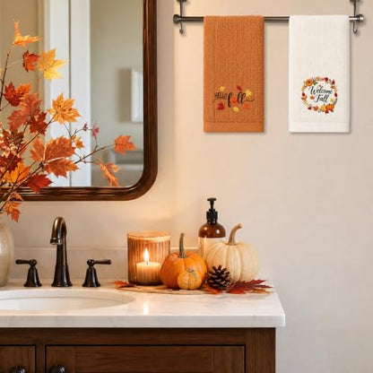 Fall Pumpkin Hand Towels Set - Autumn Embroidered Kitchen & Bathroom Towels, 3 Pack 14x30in