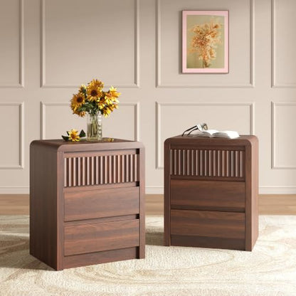 Nightstand Set of 2 Walnut Fluted End Tables with 3 Drawers - 20 Inch Mid-Century Living Room Bed Side Tables