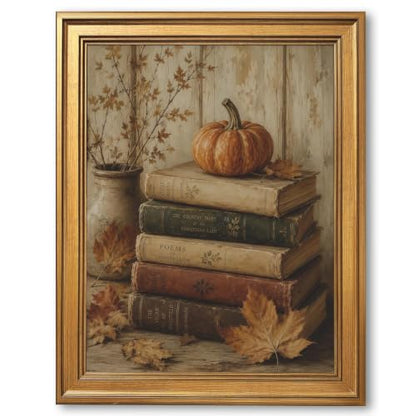 Autumn Cozy Wall Art Canvas Print Pumpkin Books Rustic Frame 8x10inch
