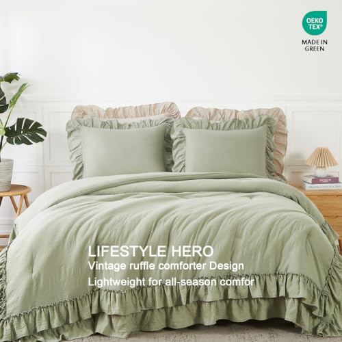 Sage Green Double Ruffle Comforter Set Queen Size Farmhouse Bedding - Soft Pre-Washed Fabric