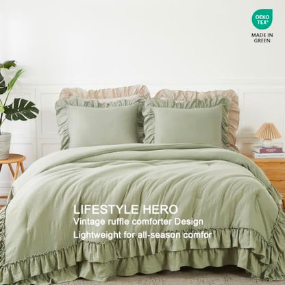Sage Green Double Ruffle Comforter Set Queen Size Farmhouse Bedding - Soft Pre-Washed Fabric