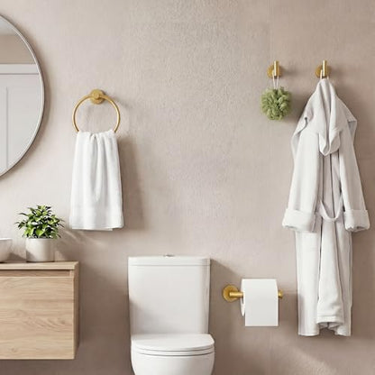 4-Piece Bathroom Towel Holder Set with Robe Hooks - Brushed Gold, Wall-Mounted
