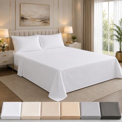 Cotton King Bed Sheet Set 400 Thread Count Sateen Deep Pocket White