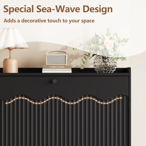 Slim Shoe Storage Cabinet with Flip Drawers and Wave-Edge Panels