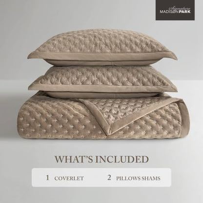Queen Velvet Quilt Set with Cross Stitch Embroidery Taupe - 3 Piece