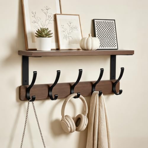 Rustic Wall Coat Rack Shelf with 5 Dual Hooks for Entryway & Home