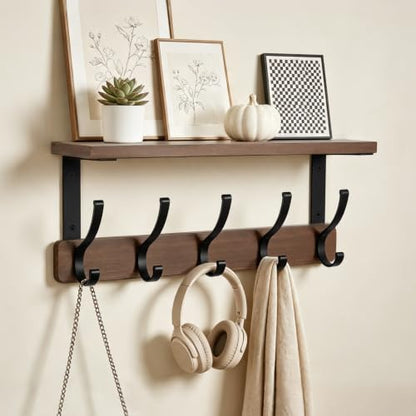 Rustic Wall Coat Rack Shelf with 5 Dual Hooks for Entryway & Home