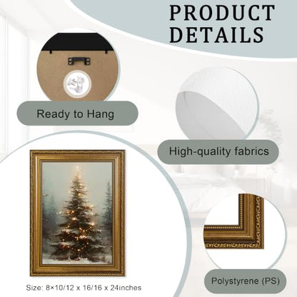 Christmas Tree Wall Art Canvas with Gold Frame - Snowy Forest Scene, 10x8 Inches - Holiday Decor